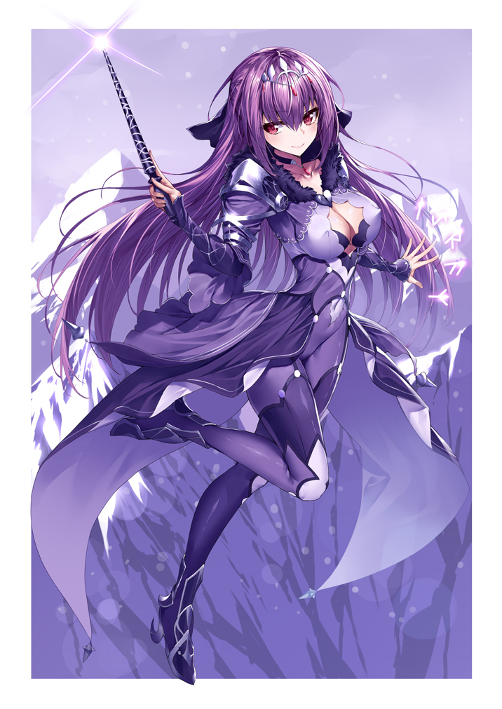 1girl armored_boots bangs bodysuit boots brooch cleavage_cutout covered_nipples fate/grand_order fate_(series) fur_trim hair_between_eyes headpiece heart heirou holding holding_wand jewelry leg_up looking_at_viewer mountain outdoors purple_bodysuit purple_hair red_eyes runes scathach_(fate)_(all) scathach_skadi_(fate/grand_order) smile tiara wand