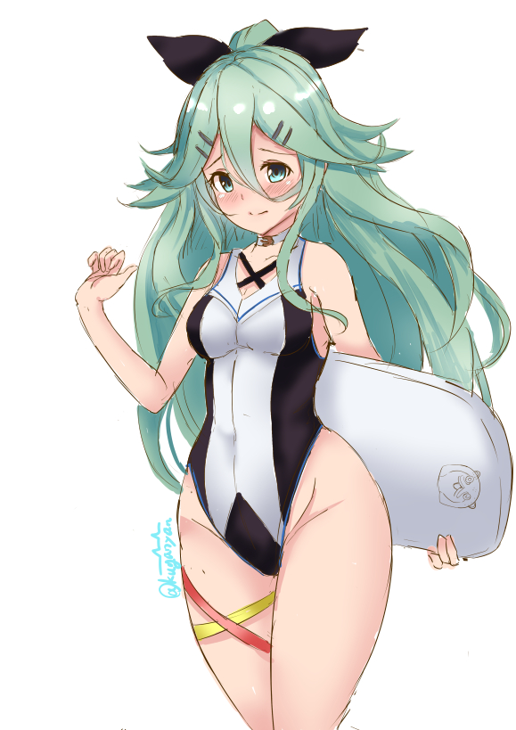 1girl adapted_costume aqua_eyes aqua_hair bare_arms bare_hips bare_shoulders black_ribbon blush breasts choker closed_mouth commentary_request competition_swimsuit groin hair_between_eyes hair_ornament hair_ribbon hairclip high_ponytail holding kantai_collection kickboard kuga_zankurou long_hair looking_at_viewer one-piece_swimsuit ribbon sidelocks simple_background small_breasts smile solo swimsuit thigh_strap twitter_username very_long_hair white_background white_choker wide_hips yamakaze_(kantai_collection)