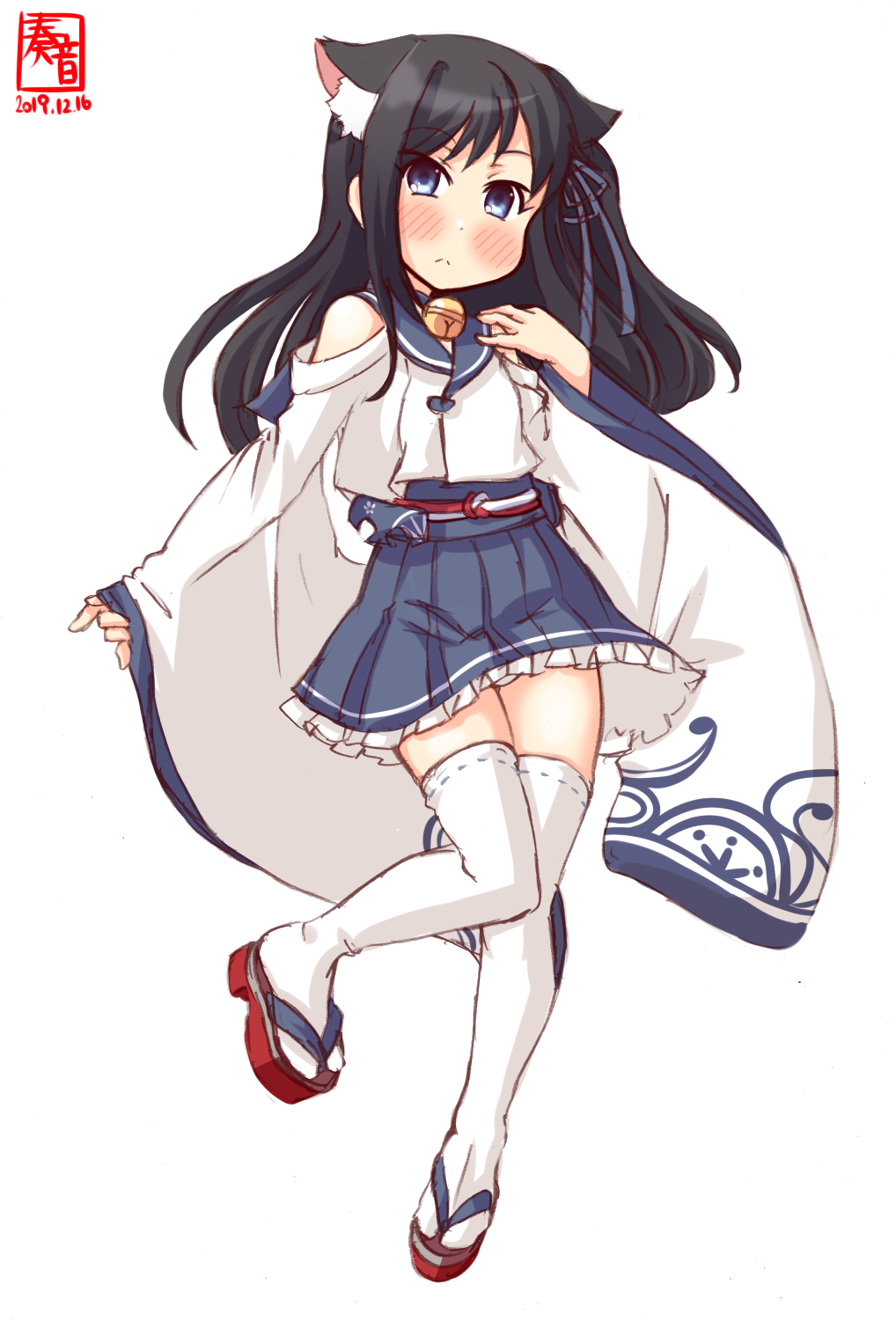 1girl animal_ear_fluff animal_ears artist_logo asashio_(azur_lane) asashio_(azur_lane)_(cosplay) asashio_(kantai_collection) azur_lane bell black_hair blue_eyes blue_skirt cat_ears cat_girl commentary_request cosplay dated eyebrows_visible_through_hair geta hair_ribbon highres jingle_bell kanon_(kurogane_knights) kantai_collection long_hair long_sleeves looking_at_viewer namesake pleated_skirt ribbon sandals shirt simple_background skirt solo standing thigh-highs white_background white_legwear white_shirt wide_sleeves