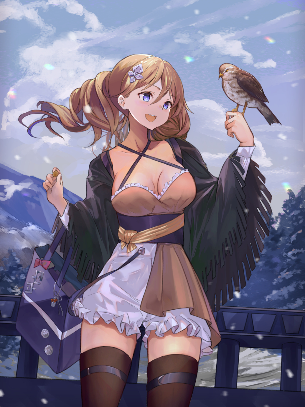 1girl :d animal animal_on_hand bag bangs bird bird_on_hand blue_sky blush breasts brown_hair brown_legwear clouds cloudy_sky collarbone criss-cross_halter day eyebrows_visible_through_hair frilled_shorts frills fringe_trim hair_between_eyes hair_ornament halter_top halterneck highres holding human long_hair long_sleeves looking_away looking_to_the_side medium_breasts mosta_(lo1777789) mountain open_mouth original original_character outdoors railing short_shorts shorts sky smile snowing solo thigh-highs tree twintails upper_teeth violet_eyes white_shorts