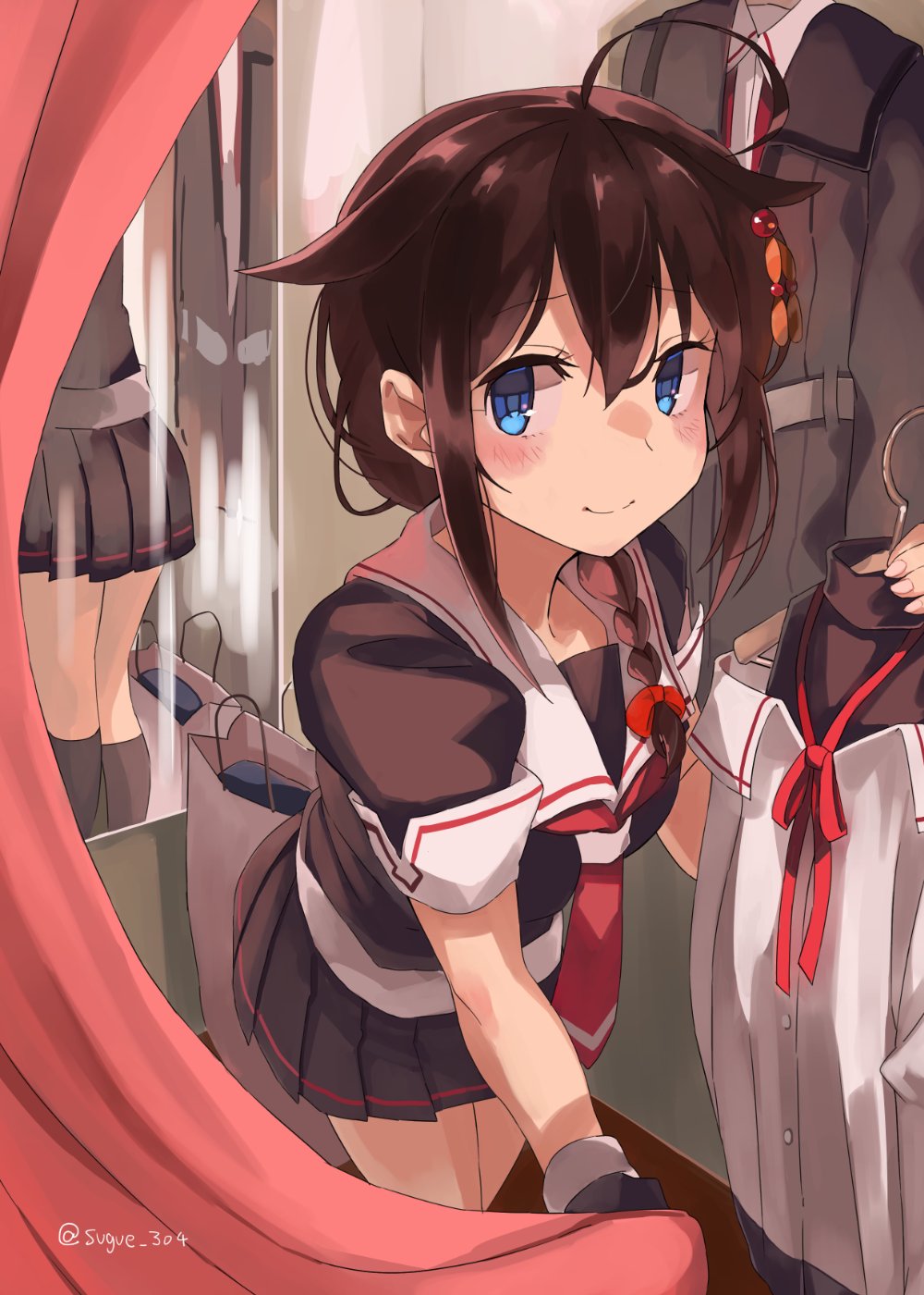1girl ahoge black_hair black_serafuku black_skirt blue_eyes braid curtains fitting_room hair_flaps hair_ornament hair_over_shoulder highres holding_clothes kantai_collection looking_at_viewer mirror neckerchief pleated_skirt red_neckwear reflection remodel_(kantai_collection) school_uniform serafuku shigure_(kantai_collection) single_braid skirt solo sugue_tettou