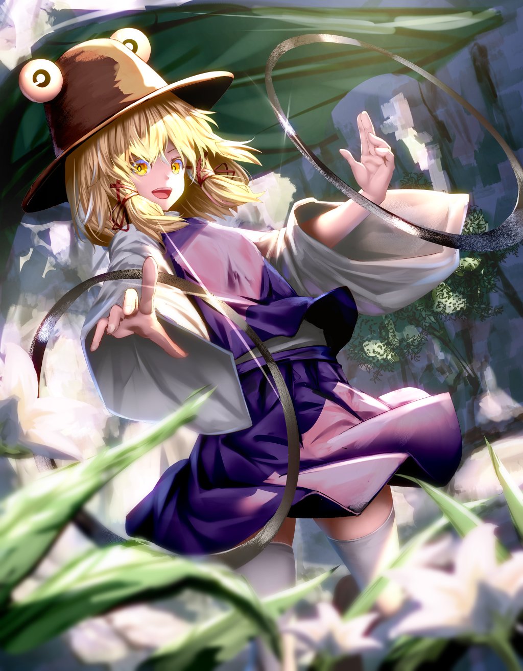 1girl blonde_hair feet_out_of_frame flower grass hair_ribbon hat highres leaf long_sleeves looking_at_viewer medium_hair moriya's_iron_rings moriya_suwako open_mouth pointing purple_skirt purple_vest red_ribbon ribbon ryosios scenery shirt short_hair skirt skirt_set smile sunlight thigh-highs touhou vest white_legwear white_shirt wide_sleeves yellow_eyes