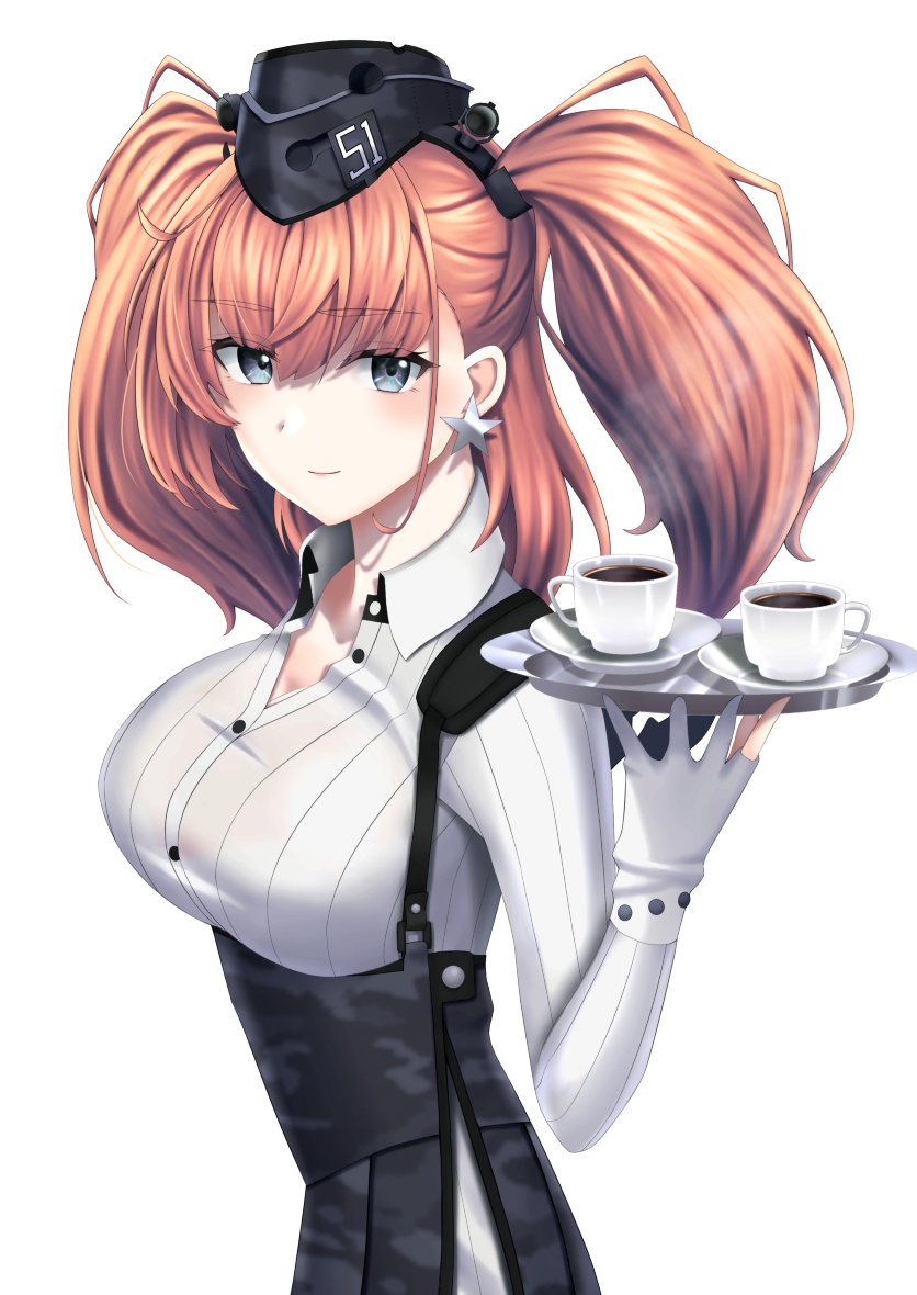 1girl atlanta_(kantai_collection) breasts coffee coffee_cup cup disposable_cup earrings eyebrows_visible_through_hair garrison_cap gloves grey_eyes hat high-waist_skirt holding holding_tray jewelry kantai_collection large_breasts long_sleeves looking_at_viewer mugiaki partly_fingerless_gloves pink_hair saucer shirt simple_background skirt smile solo star star_earrings suspenders tray twintails white_background white_gloves white_shirt