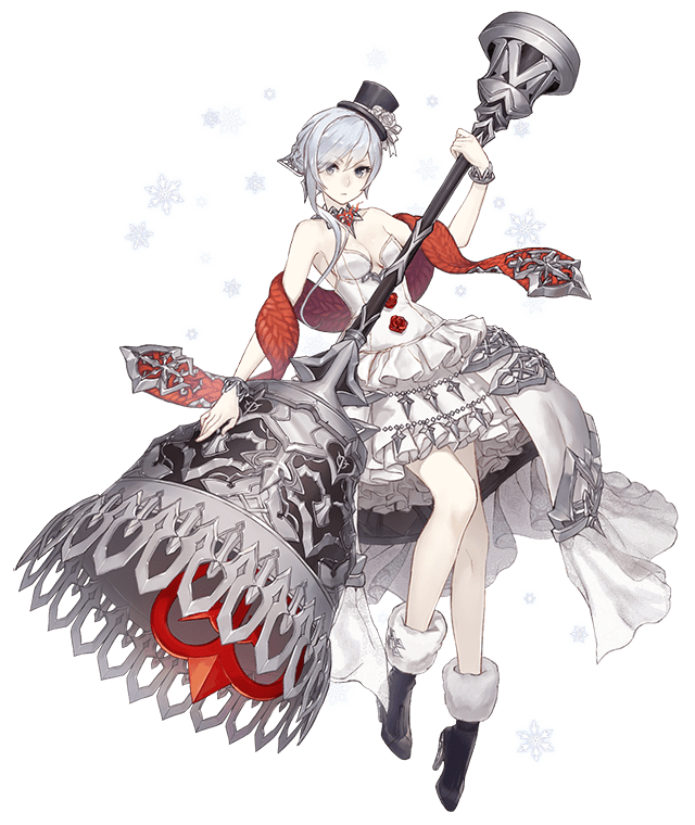 1girl ankle_boots asymmetrical_bangs bangs bare_shoulders bell boots bracelet breasts choker dress eyebrows_visible_through_hair flower frilled_dress frills full_body fur_trim grey_eyes hat high_heel_boots high_heels jewelry ji_no medium_breasts official_art rose scarf sinoalice snow_white_(sinoalice) snowflakes solo top_hat transparent_background white_dress white_hair