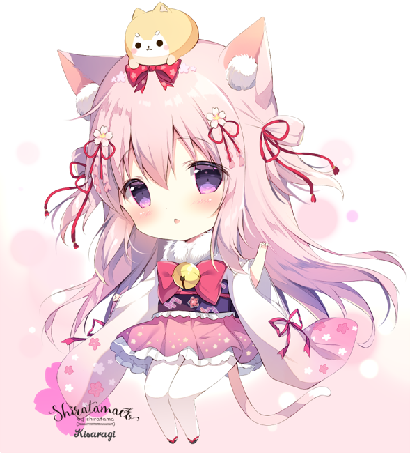 1girl :o animal animal_ear_fluff animal_ears animal_on_head artist_name azur_lane bangs bell blush bow cat_ears cat_girl cat_tail character_name chibi commentary_request dog eyebrows_visible_through_hair flower frilled_skirt frills full_body hair_between_eyes hair_flower hair_ornament hair_ribbon japanese_clothes jingle_bell kimono kisaragi_(azur_lane) long_hair long_sleeves obi on_head pantyhose parted_lips pink_bow pink_hair pink_skirt red_ribbon ribbon sash shiratama_(shiratamaco) skirt solo tail two_side_up very_long_hair violet_eyes white_flower white_kimono white_legwear wide_sleeves