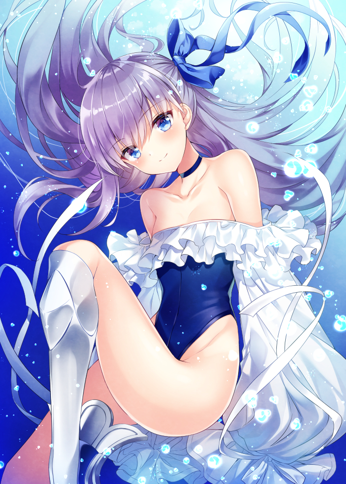 1girl bangs bare_shoulders blue_eyes blue_ribbon blue_swimsuit blush breasts choker closed_mouth collarbone covered_navel fate/grand_order fate_(series) frills greaves hair_between_eyes highleg highleg_swimsuit knee_up long_hair long_sleeves looking_at_viewer meltryllis meltryllis_(swimsuit_lancer)_(fate) nogi_takayoshi one-piece_swimsuit prosthesis prosthetic_leg puffy_sleeves purple_hair ribbon sleeves_past_fingers sleeves_past_wrists small_breasts smile solo swimming swimsuit thighs underwater very_long_hair