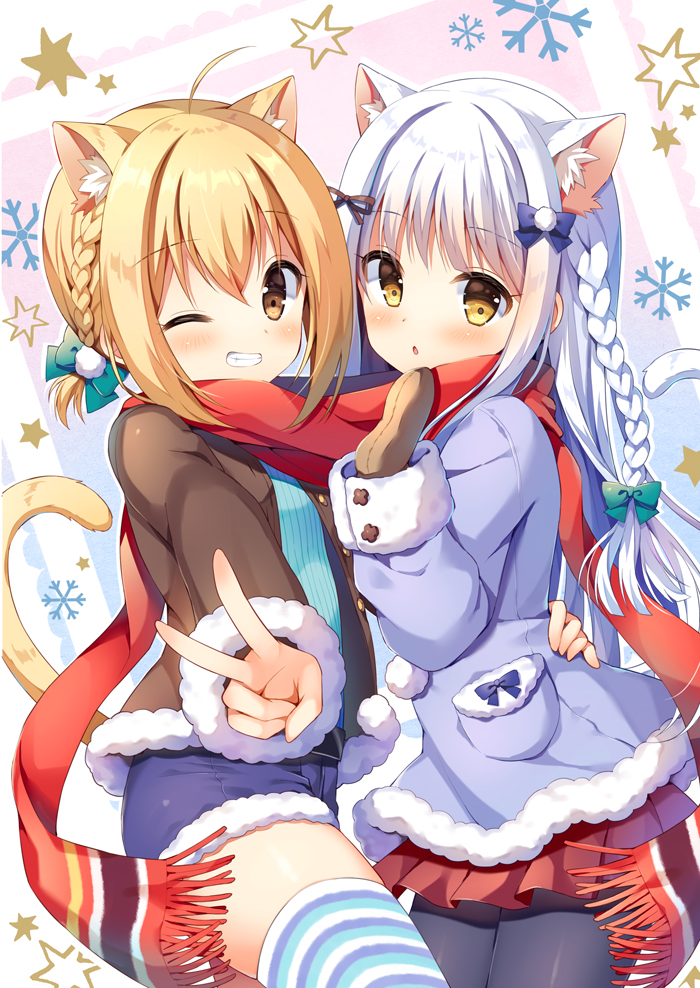 2girls ahoge animal_ear_fluff animal_ears bangs black_legwear blonde_hair blue_jacket blue_shorts blush bow braid brown_eyes brown_jacket brown_mittens cat_ears cat_girl cat_tail eyebrows_visible_through_hair fringe_trim fur-trimmed_jacket fur-trimmed_shorts fur-trimmed_sleeves fur_trim green_bow grin hair_between_eyes hair_bow jacket mauve mittens multiple_girls open_clothes open_jacket original outstretched_arm pantyhose parted_lips pleated_skirt red_scarf red_skirt scarf shared_scarf short_shorts shorts sidelocks skirt smile snowflake_background striped striped_legwear tail thigh-highs v white_hair