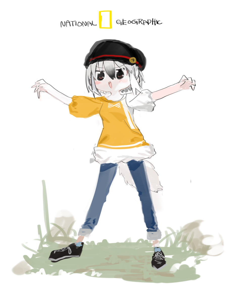 1girl :d alternate_costume arms_up bangs black_footwear black_hair black_headwear brown_eyes claw_pose cross-laced_footwear denim eyebrows_visible_through_hair from_side full_body gradient_hair grass grey_hair hair_between_eyes hat jeans jitome kemono_friends kokaki_mumose legs_apart looking_at_viewer multicolored_hair national_geographic no_nose open_mouth outdoors outstretched_arms pants pants_rolled_up puffy_short_sleeves puffy_sleeves rock shirt shoelaces shoes short_hair short_sleeves simple_background smile sneakers socks solo southern_tamandua_(kemono_friends) spread_arms standing tail tamandua_tail v-shaped_eyebrows white_background white_hair