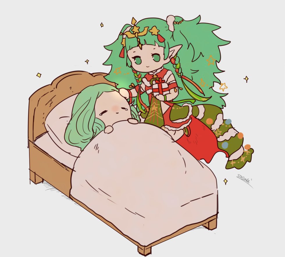 2girls artist_name bed box braid christmas_ornaments closed_eyes closed_mouth fire_emblem fire_emblem:_three_houses fire_emblem_heroes gift gift_box green_eyes green_hair grey_background holding holding_gift long_hair multiple_girls pillow pointy_ears rhea_(fire_emblem) sasaki_(dkenpisss) simple_background sleeping sothis_(fire_emblem) tiara twin_braids