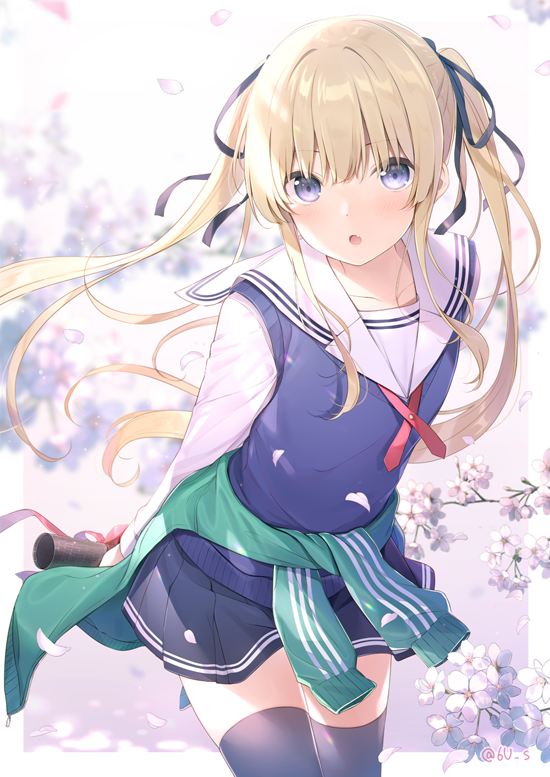 1girl 6u_(eternal_land) :d black_legwear blonde_hair blue_eyes blue_ribbon blue_skirt breasts cowboy_shot hair_ribbon long_hair looking_at_viewer multiple_girls open_mouth pleated_skirt ribbon saenai_heroine_no_sodatekata sawamura_spencer_eriri school_uniform skirt small_breasts smile solo thigh-highs twintails zettai_ryouiki