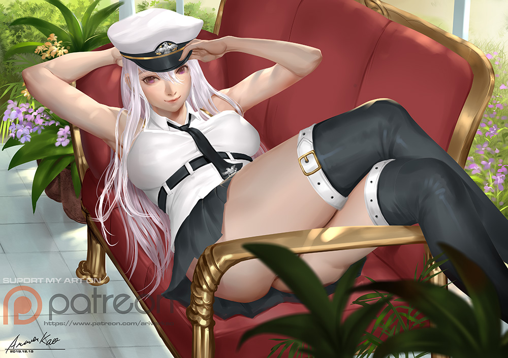 1girl ariverkao azur_lane bangs belt black_belt black_neckwear breasts crossed_legs dated enterprise_(azur_lane) hair_between_eyes hand_on_headwear hat large_breasts long_hair looking_at_viewer lying military_hat necktie on_back patreon_logo peaked_cap plant potted_plant shirt signature silver_hair sleeveless sleeveless_shirt smile solo thigh-highs violet_eyes watermark web_address white_headwear