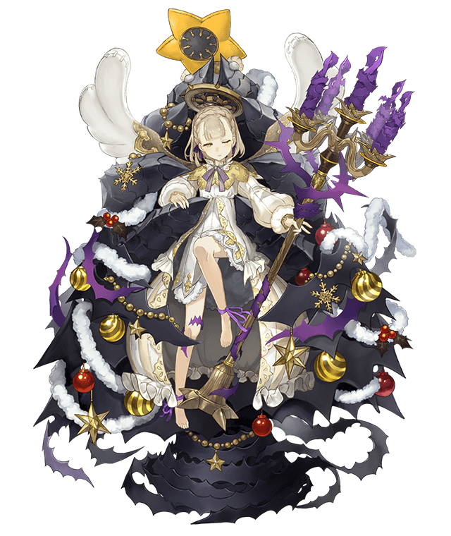 1girl barefoot blonde_hair bow briar_rose_(sinoalice) candlestand capelet christmas_ornaments expressionless frills full_body half-closed_eyes ji_no looking_at_viewer official_art one_eye_closed short_hair sinoalice solo thorns transparent_background yellow_eyes