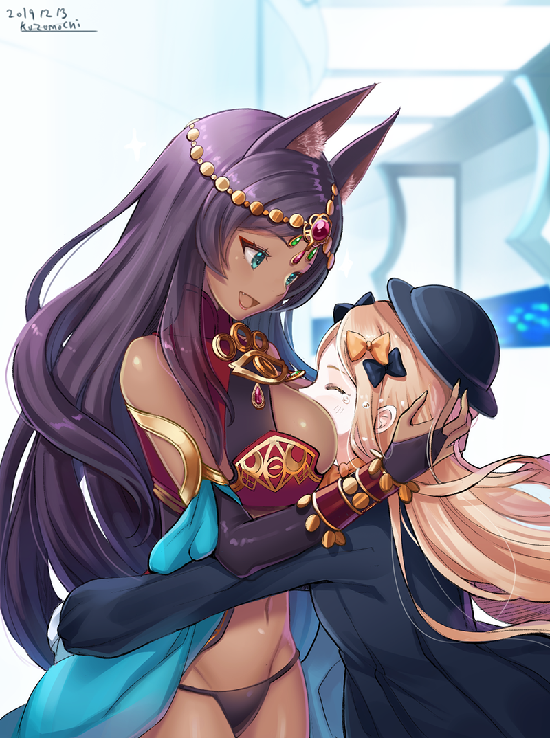 2girls :d abigail_williams_(fate/grand_order) animal_ear_fluff animal_ears bangs bare_shoulders between_breasts black_dress black_headwear blonde_hair blurry blurry_background blush breasts bridal_gauntlets closed_eyes commentary_request dark_skin dated depth_of_field dress eyebrows_visible_through_hair fang fate/grand_order fate_(series) green_eyes groin hat head_between_breasts head_chain kuzumochi_(kuzumochiya) large_breasts long_hair long_sleeves looking_at_another multiple_girls navel open_mouth parted_bangs purple_hair queen_of_sheba_(fate/grand_order) revealing_clothes signature sleeves_past_fingers sleeves_past_wrists smile tears very_long_hair