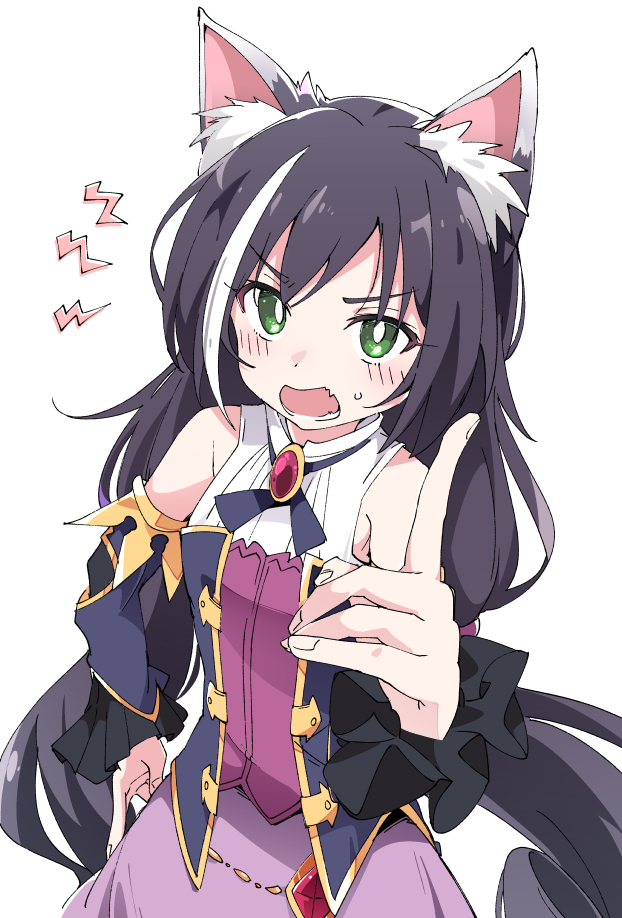 1girl animal_ear_fluff animal_ears black_hair blush cat_ears cat_girl detached_sleeves eyebrows_visible_through_hair green_eyes ixy kyaru_(princess_connect) long_hair looking_at_viewer low_twintails multicolored_hair open_mouth princess_connect! princess_connect!_re:dive purple_skirt simple_background skirt solo streaked_hair twintails very_long_hair white_background white_hair