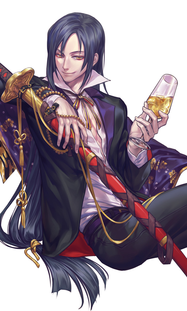 1boy bangs beads belt black_hair black_pants bow bowtie closed_mouth collar collared_jacket collared_shirt cup drink drinking_glass eyeliner hangleing holding holding_cup holding_drink holding_sword holding_weapon jirou_tachi long_hair long_sleeves looking_at_viewer makeup male_focus open_clothes pants parted_bangs purple_belt sheath shirt simple_background sitting smile solo striped striped_neckwear sword touken_ranbu weapon white_background white_shirt wine_glass