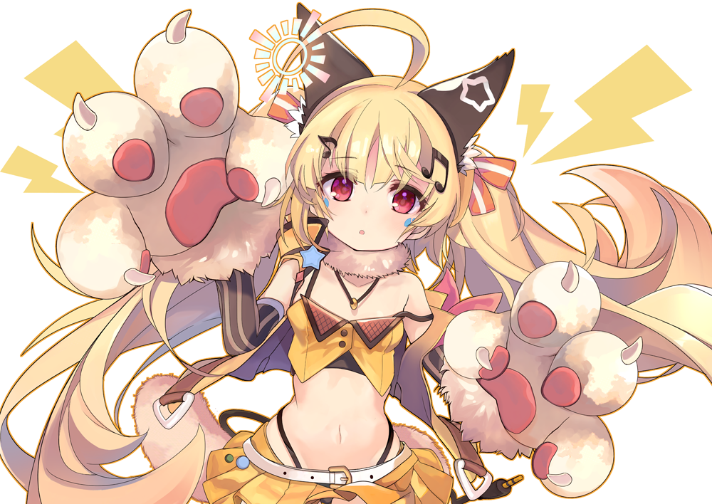 1girl :o ahoge animal_ears azur_lane bare_shoulders belt black_panties blonde_hair cat_ears cat_girl cat_tail crop_top eldridge_(azur_lane) eldridge_(catgirl_idol?)_(azur_lane) facial_mark fur_collar gloves highleg idol lightning_bolt long_hair looking_at_viewer midriff miniskirt musical_note_hair_ornament navel off_shoulder orange_skirt panties parted_lips paw_gloves paws pleated_skirt red_eyes shirokitsune simple_background skirt sleeveless sleeveless_jacket solo tail thong underwear upper_body very_long_hair white_background