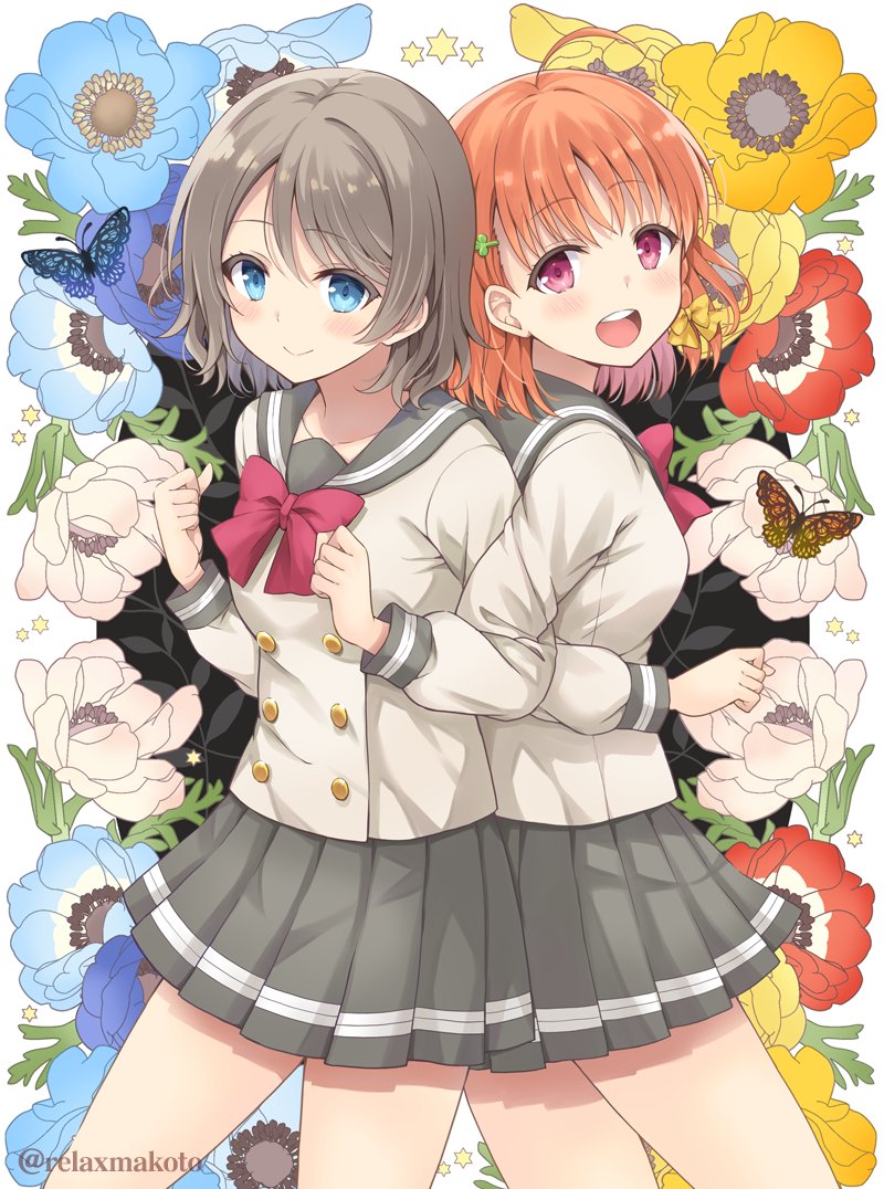 2girls :d ahoge back-to-back bangs blue_eyes blue_flower blush bow bowtie braid bug butterfly clenched_hands clover_hair_ornament double-breasted floral_background flower grey_hair grey_skirt hair_bow hair_ornament insect locked_arms long_sleeves looking_at_viewer love_live! love_live!_sunshine!! miniskirt multiple_girls open_mouth orange_hair pleated_skirt red_eyes red_flower red_neckwear sakurai_makoto_(custom_size) school_uniform short_hair side_braid skirt smile star takami_chika twitter_username uranohoshi_school_uniform watanabe_you white_flower yellow_bow yellow_flower