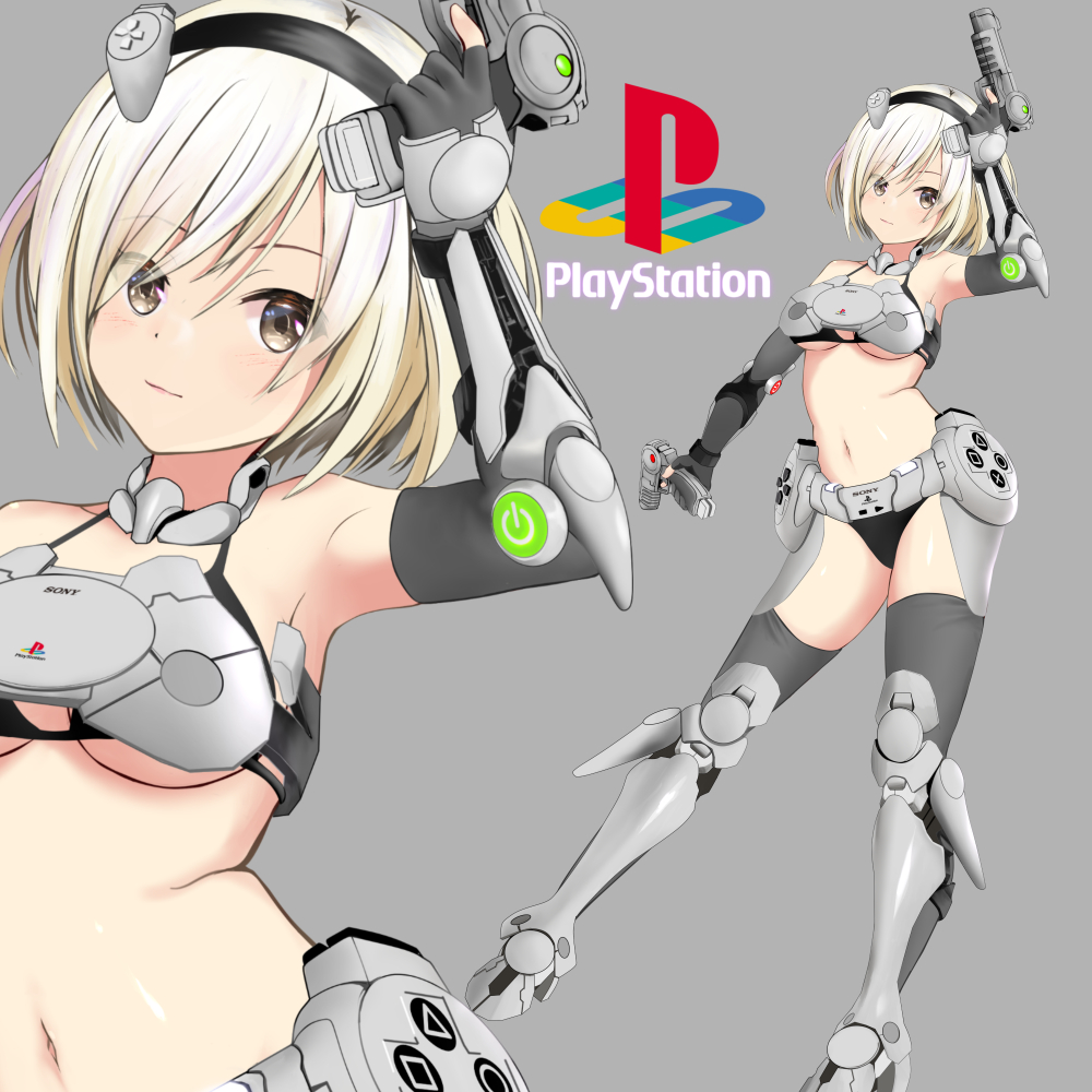 1girl bangs bare_shoulders black_panties blonde_hair commentary_request eyebrows_visible_through_hair fingerless_gloves formal game_console gibun_(sozoshu) gloves green_eyes grey_gloves grey_legwear holdign_gun multiple_views navel panties personification playstation simple_background smile standing suit tachi-e tagme thigh-highs underwear