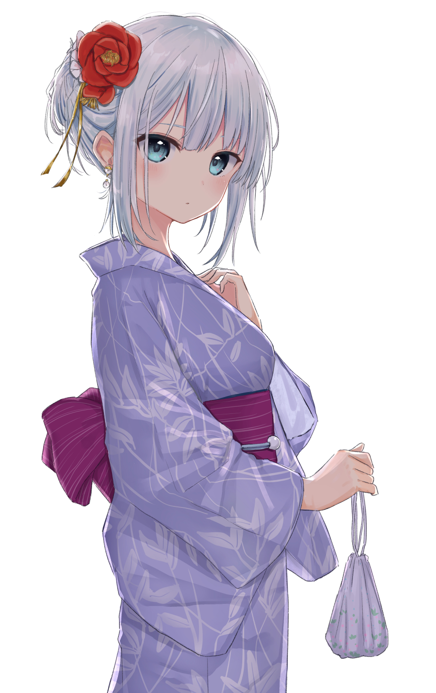 1girl aqua_eyes bag bangs blue_kimono blush commentary_request cowboy_shot earrings flower from_side hair_flower hair_ornament hand_on_own_chest highres holding holding_bag japanese_clothes jewelry kimono leaf_print long_sleeves looking_at_viewer looking_to_the_side obi original print_kimono red_flower sash short_hair sidelocks silver_hair solo wide_sleeves yukata zuima