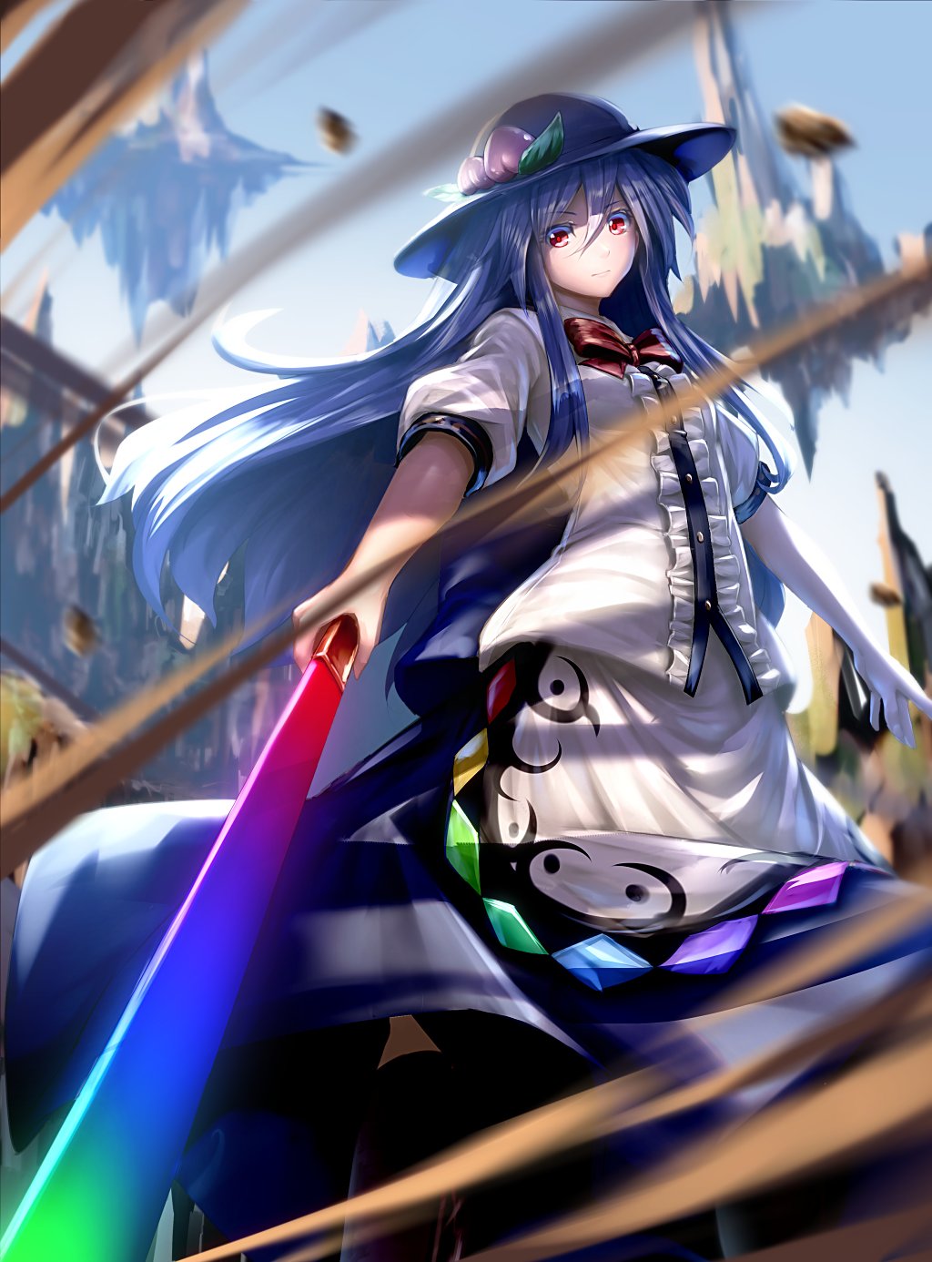 1girl apron black_headwear blouse blue_hair blue_skirt bow brown_footwear buttons feet_out_of_frame floating_island food frills from_below fruit hat highres hinanawi_tenshi holding holding_sword holding_weapon leaf long_hair looking_at_viewer mountain neck_ribbon peach puffy_short_sleeves puffy_sleeves rainbow_order red_eyes ribbon rock ryosios scenery shirt shoes short_sleeves skirt sky sword sword_of_hisou touhou weapon white_shirt