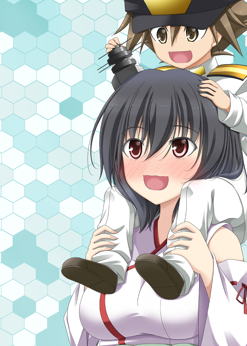 1boy 1girl black_hair blue_background blush brown_hair carrying commentary_request detached_sleeves hair_ornament hat highres honeycomb_(pattern) honeycomb_background kantai_collection little_boy_admiral_(kantai_collection) military military_uniform naval_uniform open_mouth rappa_(rappaya) red_eyes short_hair shoulder_carry smile spiky_hair uniform wavy_mouth wide_sleeves yamashiro_(kantai_collection)