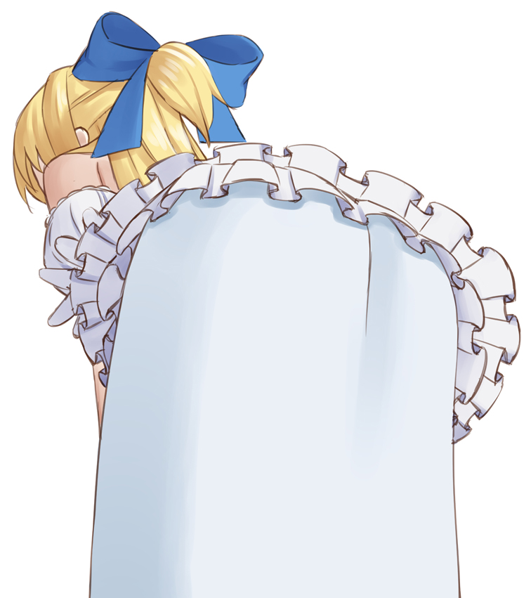 1girl ass blonde_hair blue_bow bow dress easy_(aqk7bdqt) facing_away frilled_dress frills hair_bow kono_yuusha_ga_ore_tueee_kuse_ni_shinchou_sugiru leaning_forward long_hair puffy_short_sleeves puffy_sleeves ristarte_(kono_yuusha_ga_ore_tueee_kuse_ni_shinchou_sugiru) short_sleeves simple_background solo white_background white_dress