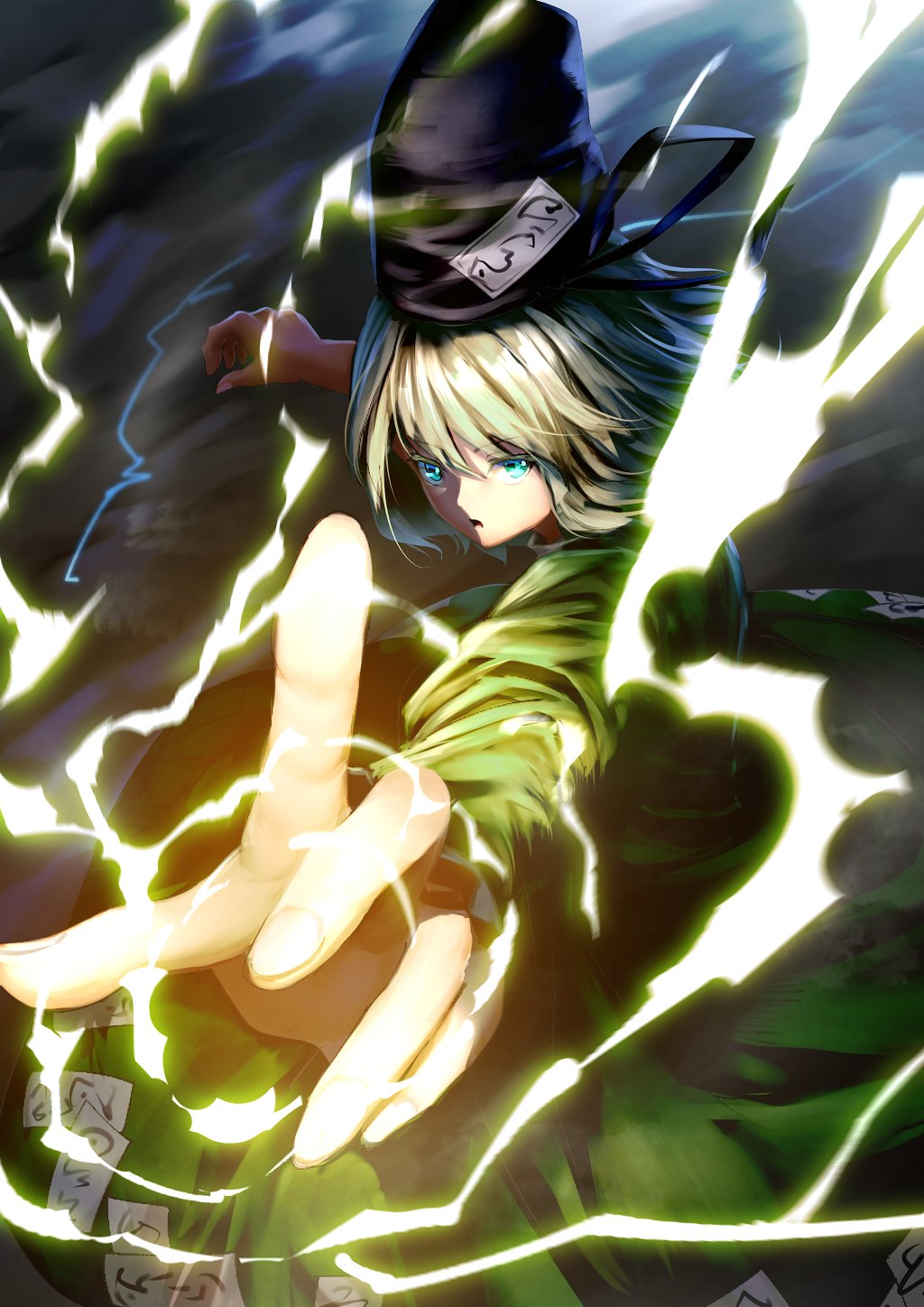 1girl arm_up cowboy_shot dress electricity fighting_stance from_above green_dress green_eyes green_hair hat highres long_sleeves ofuda ofuda_on_clothes open_mouth pointing pointing_up ryosios short_hair skirt soga_no_tojiko tate_eboshi touhou