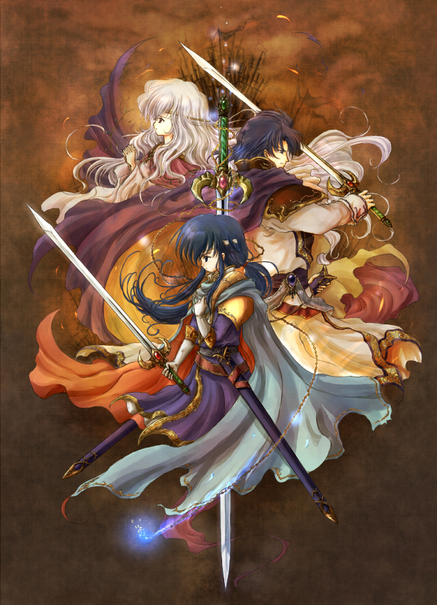 1girl 2boys blue_eyes blue_hair cape chain circlet deirdre_(fire_emblem) dress father_and_son fire_emblem fire_emblem:_genealogy_of_the_holy_war flag gloves hand_on_own_chest headband holding holding_sword holding_weapon husband_and_wife jewelry lavender_hair long_hair mother_and_son multiple_boys own_hands_together ponytail red-50869 seliph_(fire_emblem) sheath short_hair sigurd_(fire_emblem) simple_background sword tyrfing_(fire_emblem) violet_eyes weapon