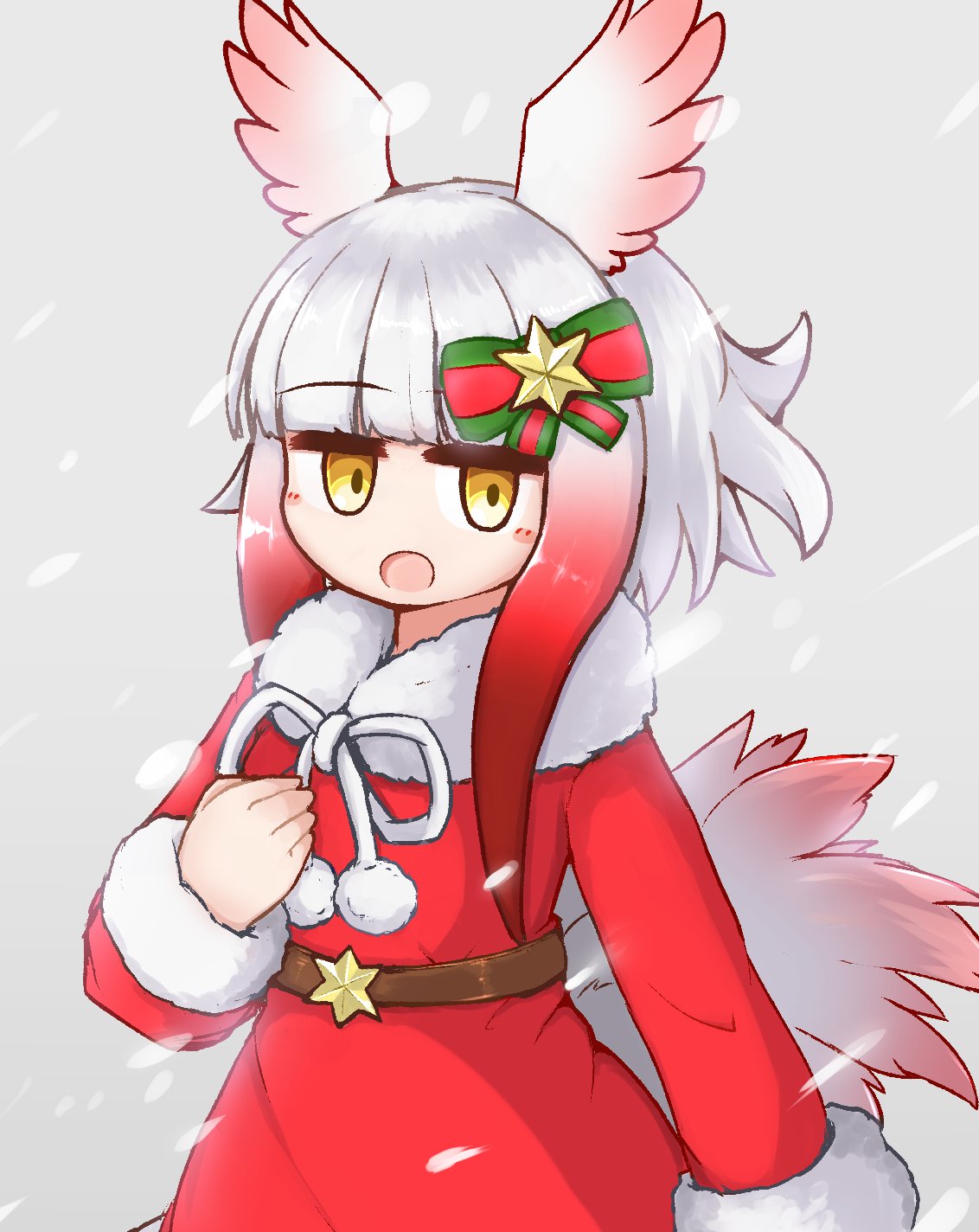 1girl aticotta blush christmas dress hair_ornament highres japanese_crested_ibis_(kemono_friends) kemono_friends kemono_friends_3 long_sleeves multicolored_hair open_mouth red_dress ribbon santa_costume short_hair smile snow snowing solo white_hair yellow_eyes