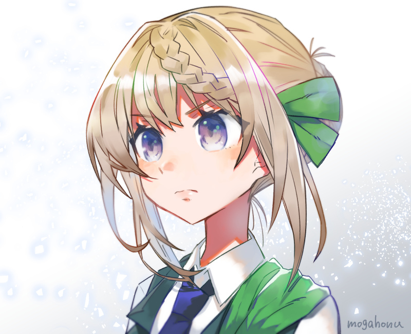 1girl artist_name blonde_hair blue_neckwear braid braided_bun commentary_request gradient gradient_background green_ribbon green_vest grey_background hair_bun kantai_collection mogamiya_honu neckerchief perth_(kantai_collection) ribbon shirt short_hair solo upper_body vest violet_eyes white_background white_shirt