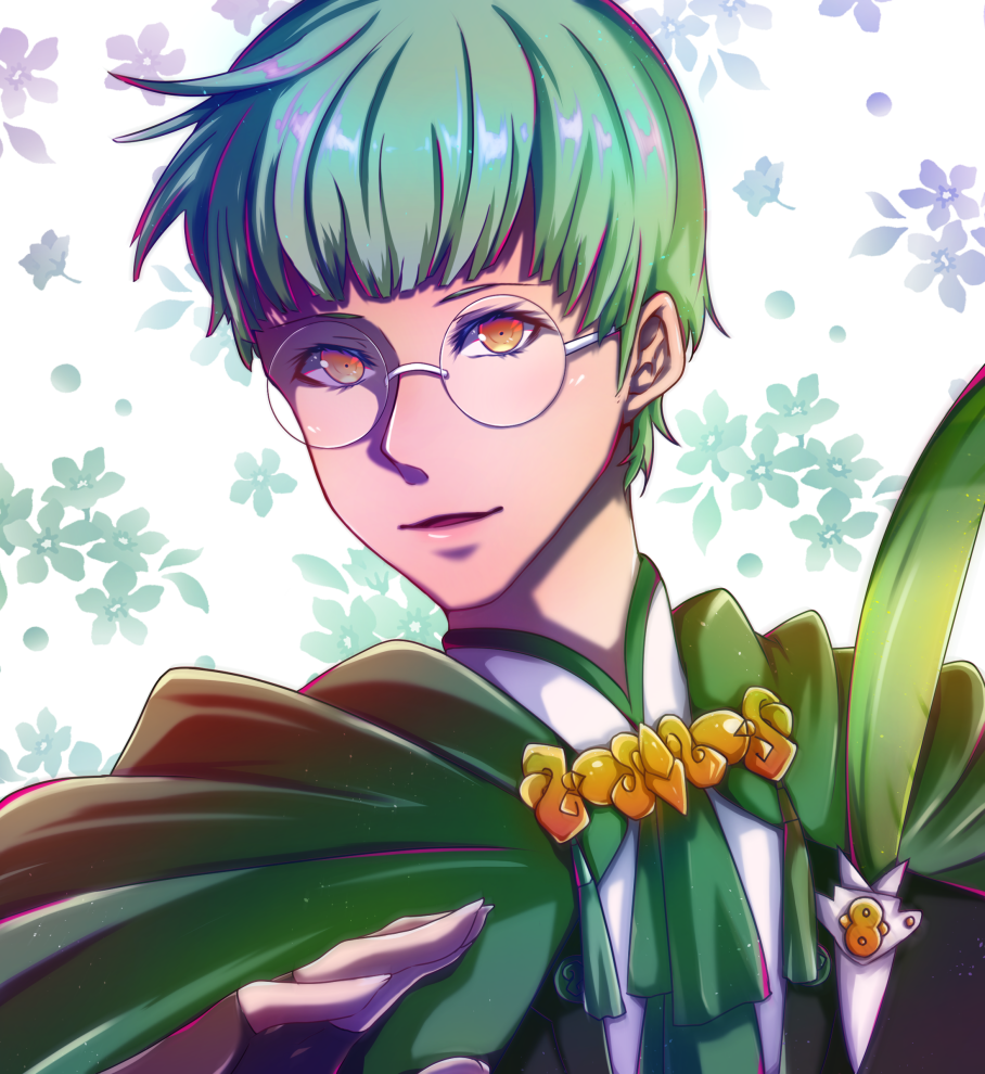 cape feathers fire_emblem fire_emblem:_three_houses flower fur_trim glasses green_hair ignatz_victor orange_eyes petals roman_s solo white_background