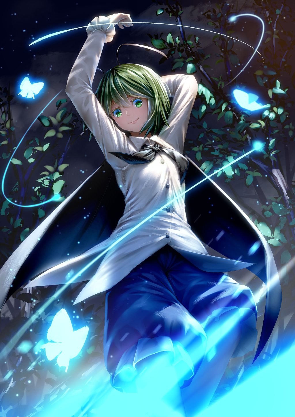 1girl antennae arms_up black_neckwear blue_pants bug butterfly buttons cape feet_out_of_frame from_below green_eyes green_hair hat highres insect insect_girl long_sleeves looking_at_viewer night pants plant puffy_pants ryosios shirt short_hair smile touhou white_shirt wriggle_nightbug