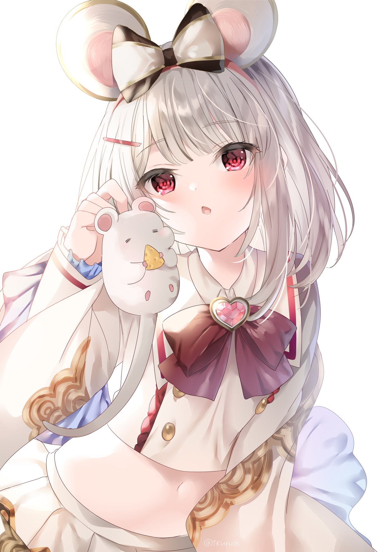 1girl =_= animal animal_ears backlighting bangs blush bow brown_bow cheese chestnut_mouth closed_eyes collared_shirt commentary_request eyebrows_visible_through_hair food grey_hair hair_bow hair_ornament hairclip hand_up heart highres holding holding_animal long_hair long_sleeves mafuyu_(chibi21) midriff mouse mouse_ears navel original parted_lips pleated_skirt red_eyes shirt simple_background skirt sleeves_past_wrists solo twitter_username white_background white_bow white_shirt white_skirt