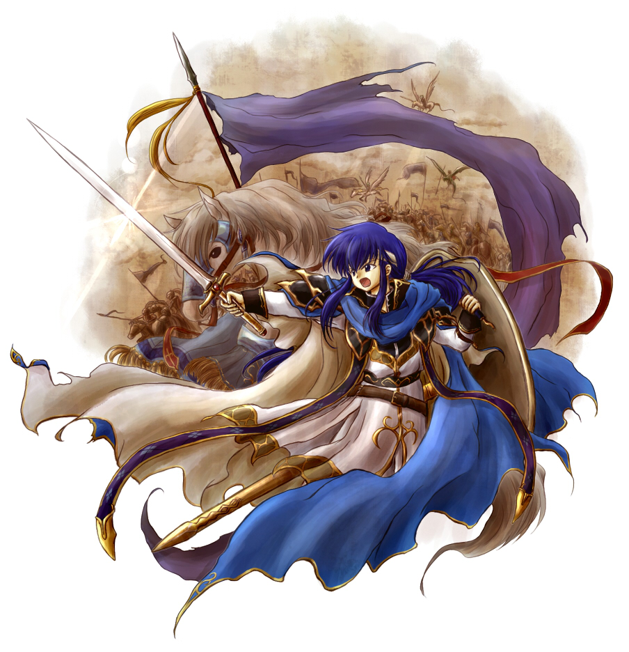 armor army blue_eyes blue_hair cape fire_emblem fire_emblem:_genealogy_of_the_holy_war flag headband holding holding_weapon horse long_hair military open_mouth pegasus pegasus_knight pointing_sword polearm red-50869 seliph_(fire_emblem) shield sky soldier spear sword weapon wings