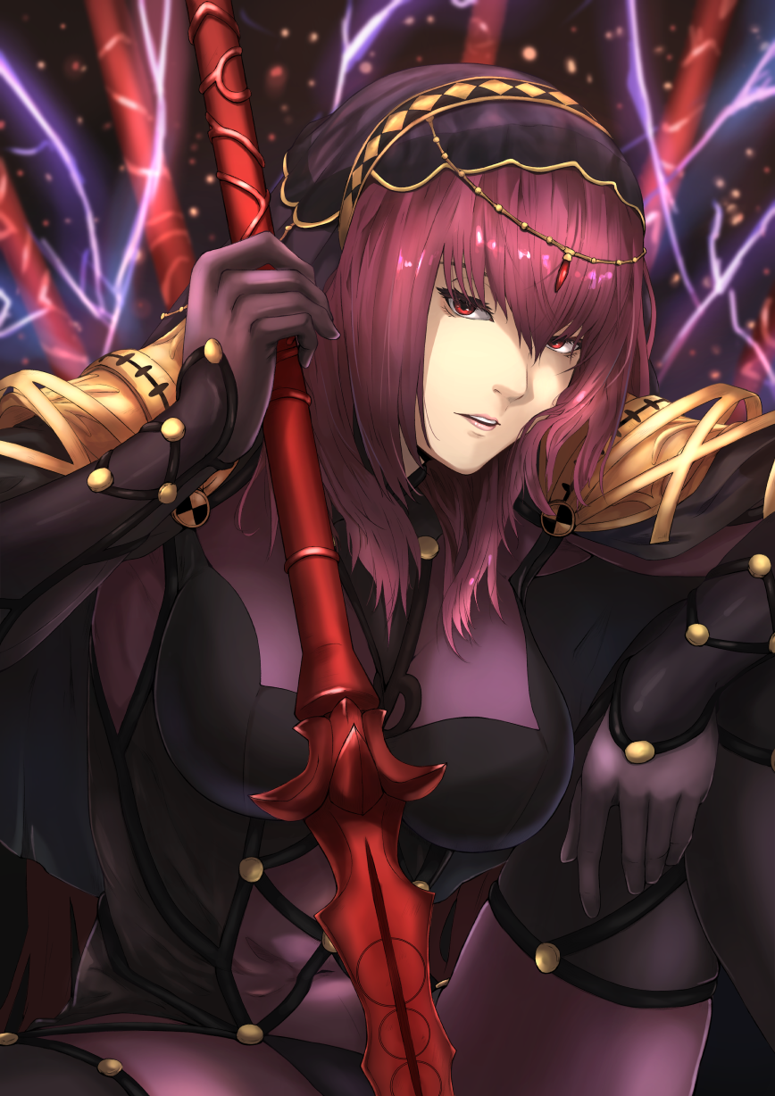 1girl bodysuit breasts covered_navel fate/grand_order fate_(series) gae_bolg highres holding holding_weapon large_breasts leotard long_hair looking_back parted_lips pauldrons polearm purple_bodysuit purple_hair purple_leotard red_eyes scathach_(fate)_(all) scathach_(fate/grand_order) shoulder_armor solo_focus spear veil weapon yuragi_zora