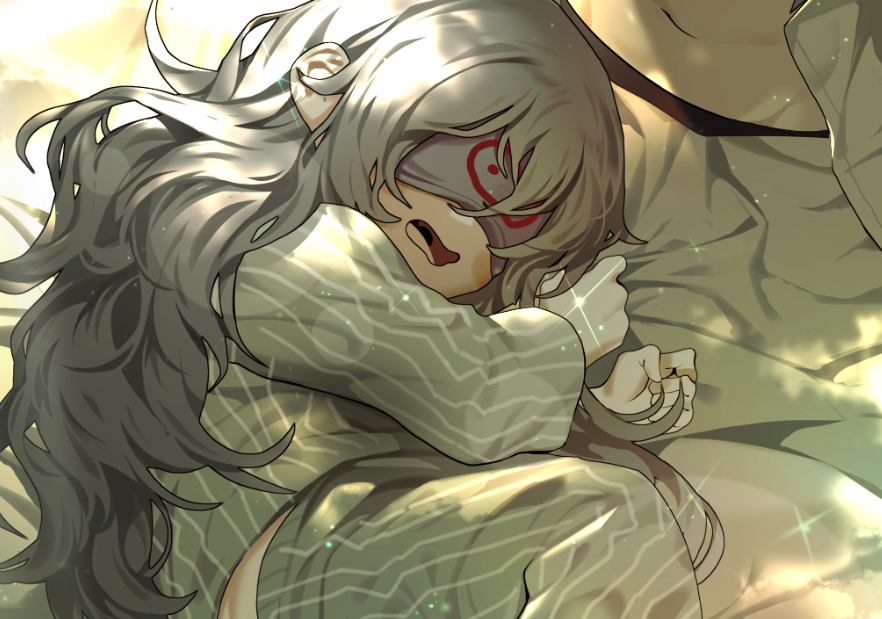 1girl bed bed_sheet bsue commentary_request g11_(girls_frontline) girls_frontline grey_hair korean_commentary long_hair messy_hair pajamas sleep_mask sleeping solo