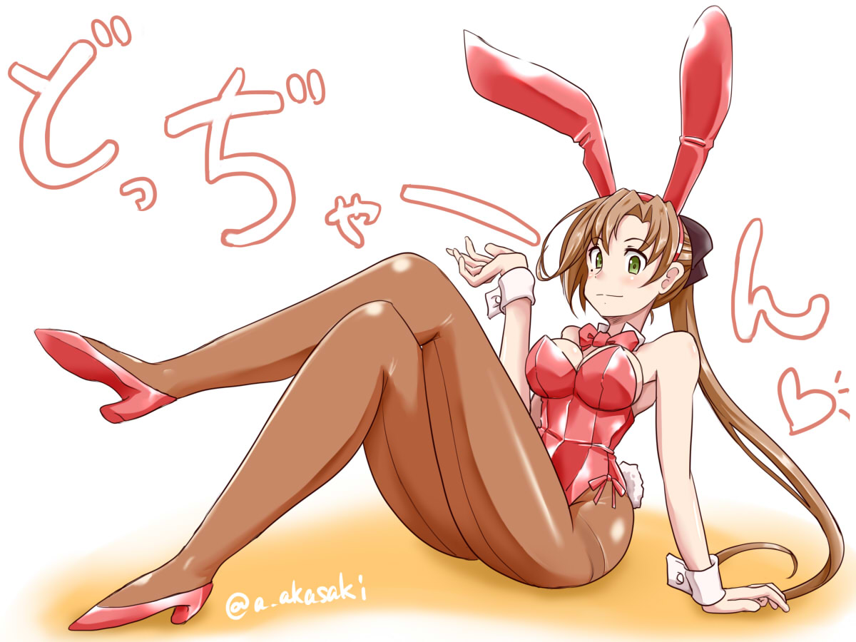 1girl akai_akasaki akigumo_(kantai_collection) alternate_costume animal_ears bare_shoulders breasts brown_hair brown_ribbon bunny_girl bunny_tail bunnysuit crossed_legs detached_collar fake_animal_ears green_eyes hair_ribbon high_heels kantai_collection large_breasts leotard long_hair looking_at_viewer mole mole_under_eye ponytail rabbit_ears red_footwear ribbon sitting solo tail twitter_username wrist_cuffs