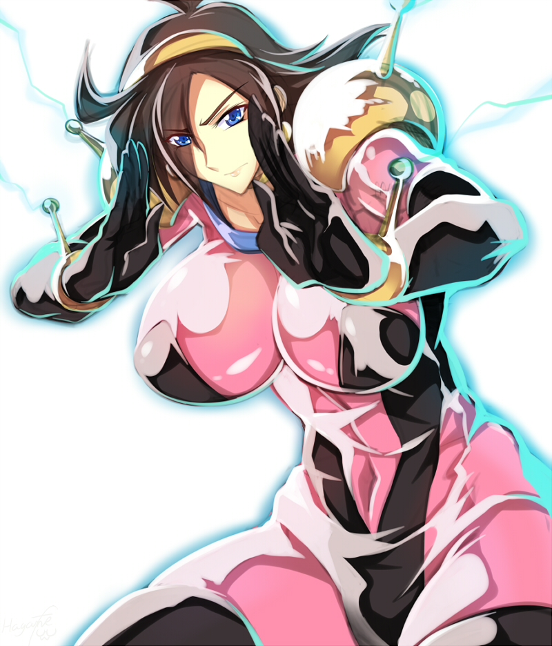 1girl blue_eyes bodysuit breasts brown_hair covered_navel eyes_visible_through_hair fighting_stance g_gundam gundam haganef hair_over_one_eye large_breasts looking_at_viewer mobile_trace_suit multicolored multicolored_bodysuit multicolored_clothes pink_bodysuit rain_mikamura shiny shiny_clothes shiny_hair shiny_skin short_hair simple_background skin_tight solo standing white_background