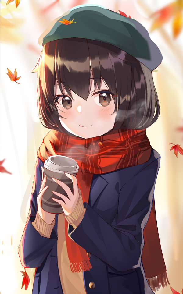 1girl alternate_costume arms_up autumn autumn_leaves beret black_hair blazer blue_jacket blurry blurry_background blush brown_eyes commentary_request cup day depth_of_field disposable_cup enpera eyebrows_visible_through_hair falling_leaves green_headwear hair_between_eyes hat holding holding_cup jacket kantai_collection leaf long_sleeves looking_at_viewer maple_leaf moyasi3409854 open_clothes open_jacket outdoors plaid plaid_scarf red_scarf scarf school_uniform shigure_(kantai_collection) short_hair sidelighting sleeves_past_wrists smile solo standing steam sweater upper_body