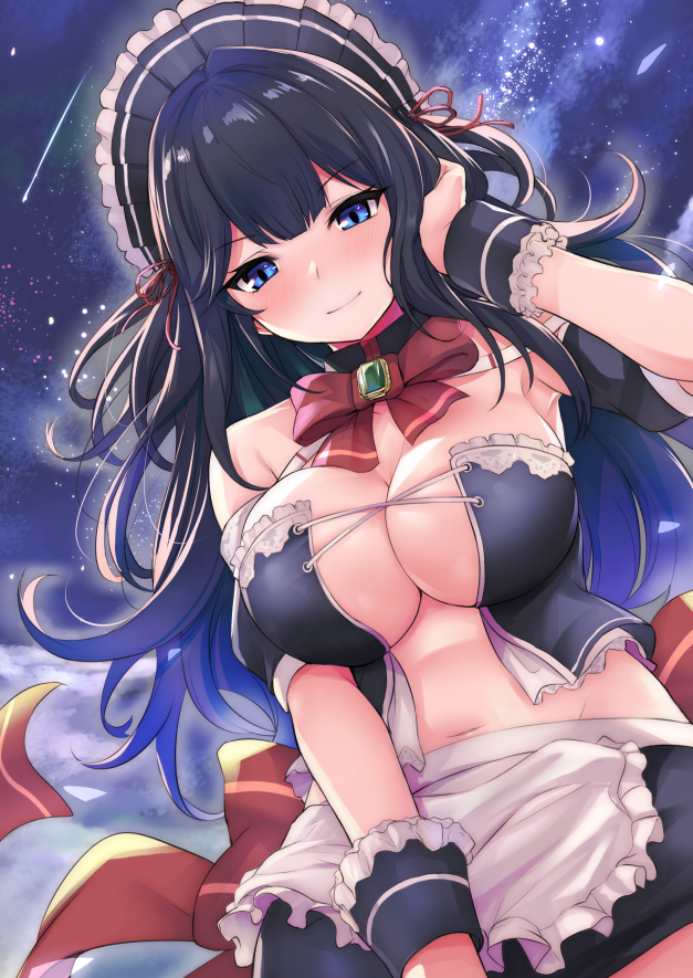 &gt;:) 1girl apron armpits bangs bare_shoulders black_hair blue_eyes blush bow bowtie breasts brooch closed_mouth cowboy_shot detached_sleeves hair_tucking jewelry kztk large_breasts long_hair looking_at_viewer maid maid_apron maid_headdress night original outdoors puffy_detached_sleeves puffy_sleeves revealing_clothes sky smile solo star_(sky) starry_sky wrist_cuffs