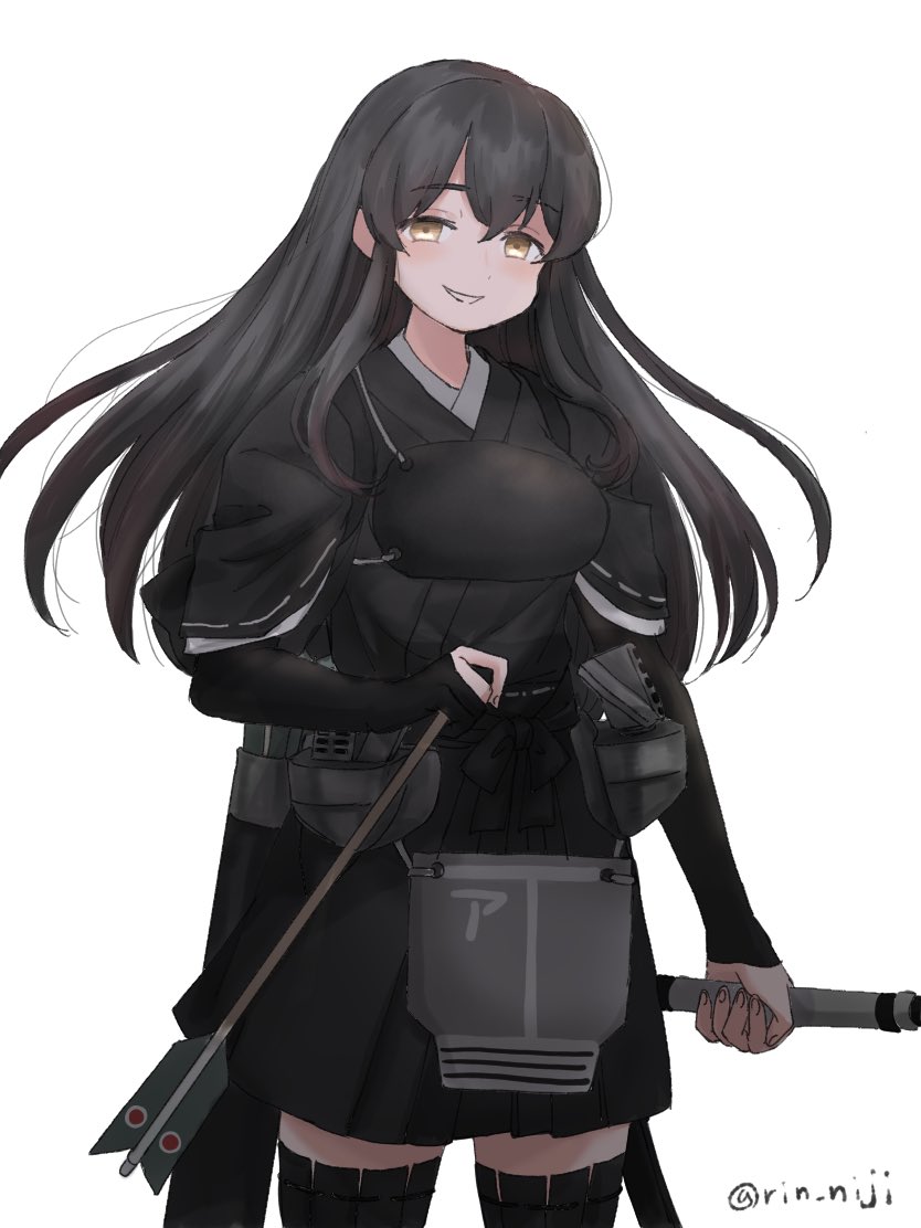 1girl akagi_(kancolle) alternate_color alternate_hair_color arrow_(projectile) black_gloves black_hair black_hakama bow_(weapon) elbow_gloves eyebrows_visible_through_hair flight_deck gloves hair_between_eyes hakama hakama_skirt holding holding_arrow holding_bow_(weapon) holding_weapon japanese_clothes kantai_collection long_hair looking_at_viewer muneate partially_fingerless_gloves rigging rin_(rin_niji) simple_background skirt solo tasuki thigh-highs twitter_username weapon white_background yellow_eyes