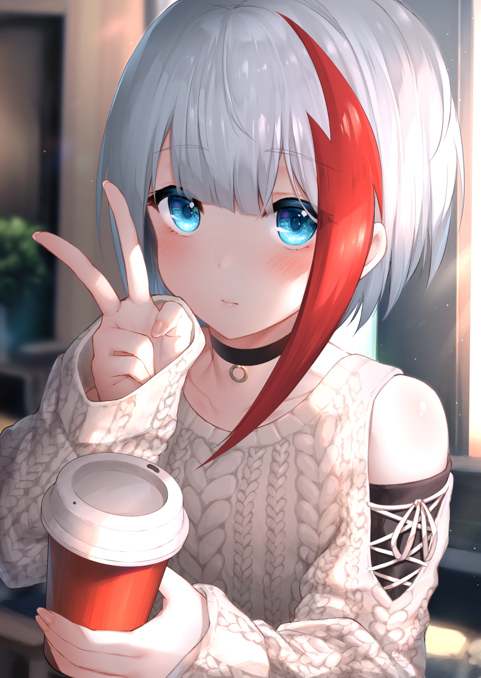 1girl admiral_graf_spee_(azur_lane) admiral_graf_spee_(daily_peaceful_life)_(azur_lane) azur_lane bangs bare_shoulders blue_eyes blunt_bangs blurry blurry_background blush breasts choker collarbone cup day disposable_cup eyebrows_visible_through_hair fingernails flat_chest highres holding holding_cup long_sleeves looking_at_viewer multicolored_hair o-ring redhead short_hair short_hair_with_long_locks shoulder_cutout sidelocks silver_hair sleeves_past_wrists solo streaked_hair sweater upper_body v white_sweater yuwari_ume
