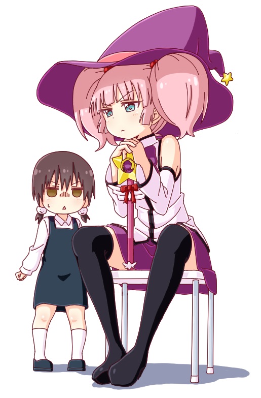 2girls age_difference black_legwear boots brown_hair cat_hair_ornament commentary_request cosplay detached_sleeves dress funami_mari hair_bobbles hair_ornament hat jitome mirakurun mirakurun_(cosplay) multiple_girls open_mouth pink_hair pontasu purple_skirt simple_background sitting skirt sweatdrop thigh-highs thigh_boots triangle_mouth twintails wand white_background witch_hat yoshikawa_chinatsu yuru_yuri