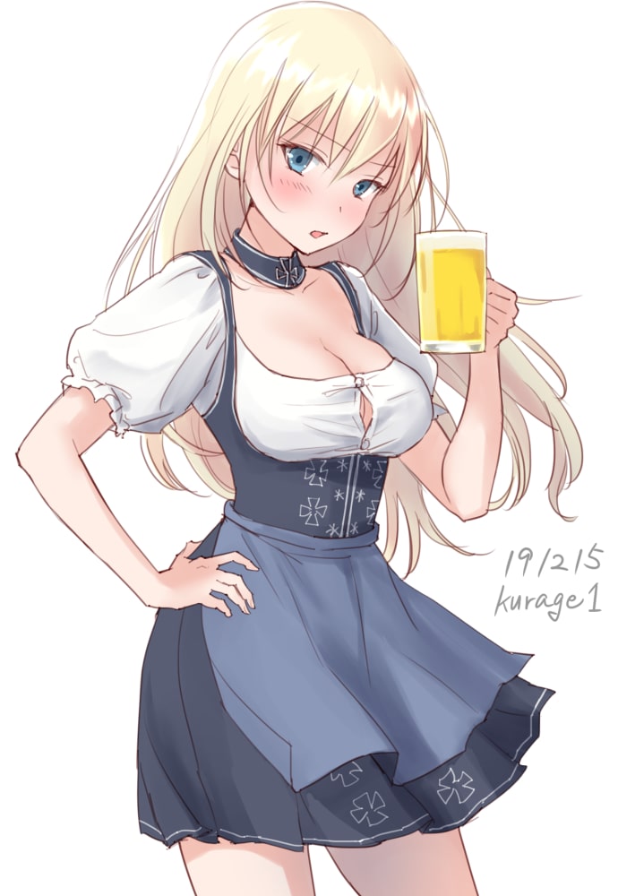 1girl alcohol alternate_costume apron beer bismarck_(kantai_collection) blonde_hair blue_eyes blush breasts cup dress german_clothes holding holding_cup kantai_collection large_breasts long_hair looking_at_viewer oktoberfest open_mouth short_sleeves simple_background solo twitter_username u0709 underbust white_background