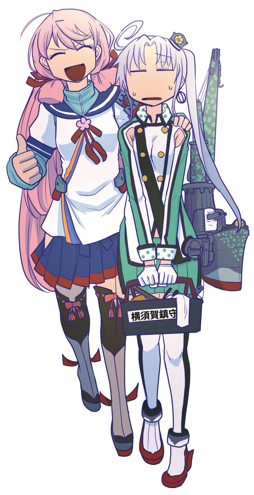 2girls ahoge akashi_(kantai_collection) akitsushima_(kantai_collection) armpit_cutout bangs boots breasts closed_eyes earrings full_body gloves hair_ribbon hand_on_another's_shoulder hat highres hip_vent holding jewelry kantai_collection long_hair long_sleeves mini_hat multiple_girls open_mouth pink_hair pleated_skirt ponytail ribbon rigging sailor_collar sakazaki_freddy school_uniform serafuku side_ponytail sidelocks silver_hair simple_background skirt sweat thigh-highs thigh_boots thumbs_up tress_ribbon uniform white_background white_gloves