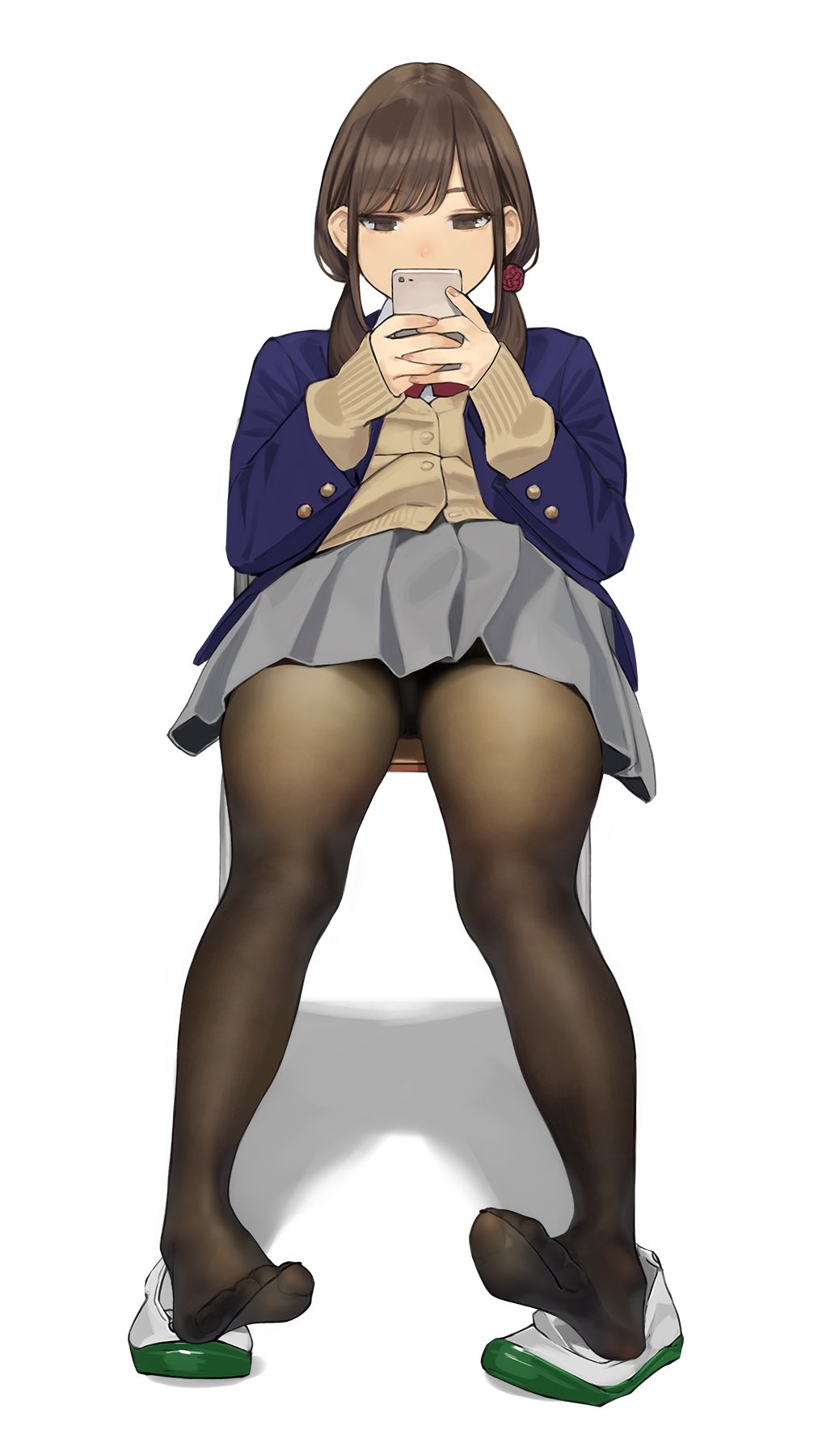 1girl bangs beige_cardigan blazer blue_jacket blush brown_eyes brown_hair brown_legwear cellphone closed_mouth collared_shirt eyebrows_visible_through_hair feet full_body grey_skirt highres holding holding_phone jacket long_sleeves looking_at_phone looking_at_viewer miru_tights pantyhose phone pleated_skirt school_uniform shirt shoes_removed simple_background sitting skirt smartphone solo white_shirt yomu_(sgt_epper)