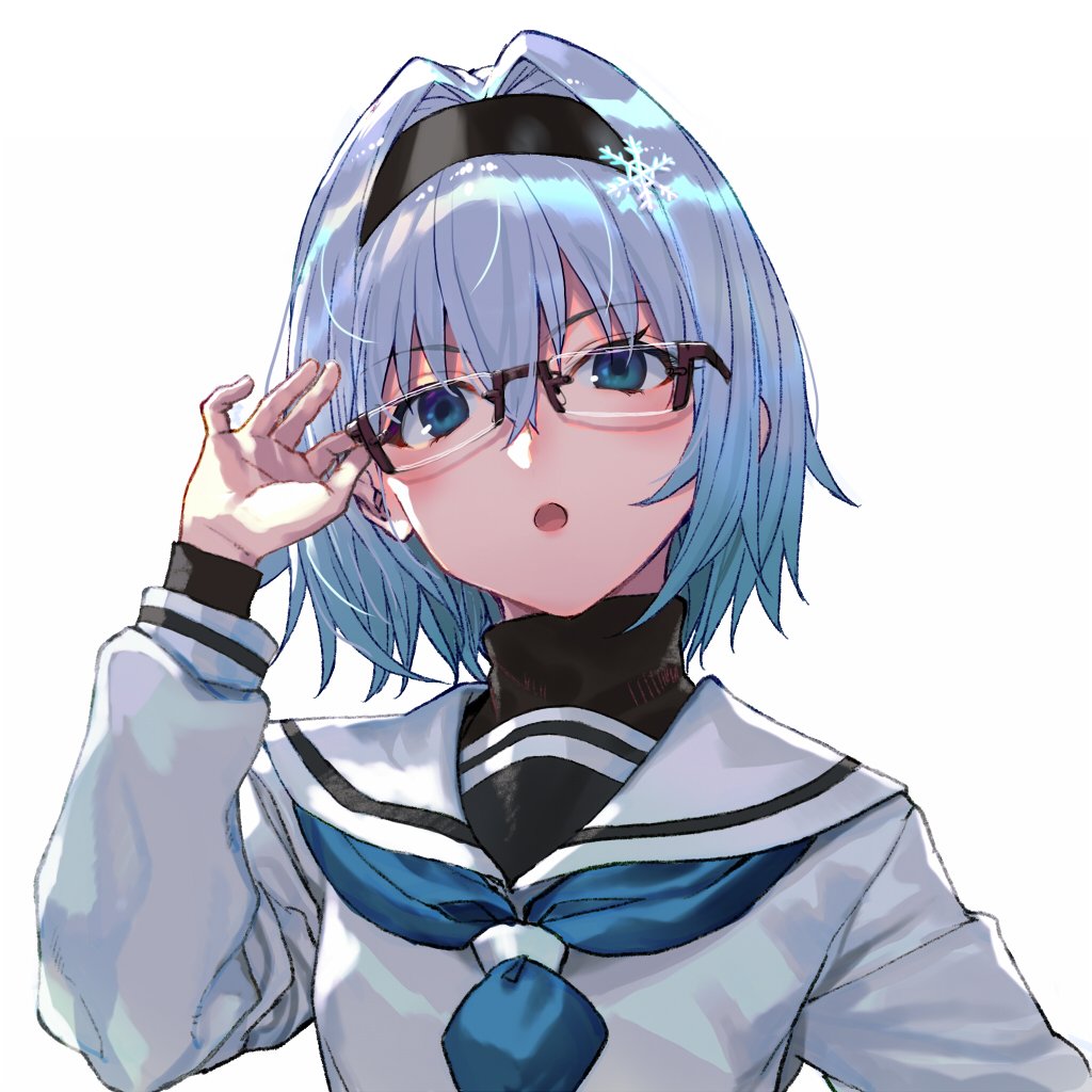 1girl adjusting_eyewear arm_up bespectacled black_hairband blue_eyes blue_hair blue_neckwear eyebrows_visible_through_hair glasses hair_ornament hairband long_sleeves looking_at_viewer neckerchief official_art parted_lips ryuuou_no_oshigoto! shirabi short_hair snowflake_hair_ornament solo sora_ginko upper_body