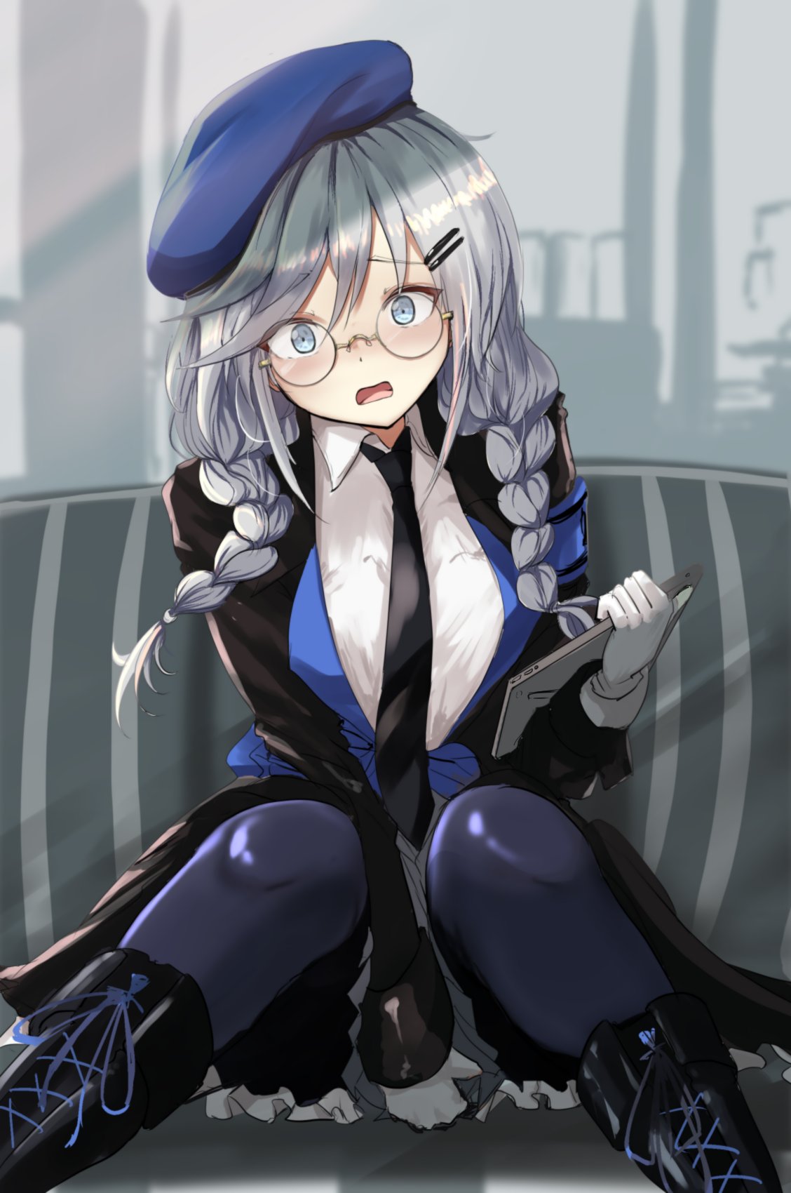 1girl armband bangs beret black_footwear black_neckwear blue_eyes blue_headwear blue_legwear blush boots braid breasts clipboard covering covering_crotch frilled_skirt frills girls_frontline glasses gloves grey_hair hair_ornament hairclip hat highres holding holding_clipboard indoors jacket long_hair long_sleeves necktie open_mouth pantyhose round_eyewear seele_(girls_frontline) sidelocks sitting skirt solo take_(trude1945oneetyan) twin_braids white_gloves
