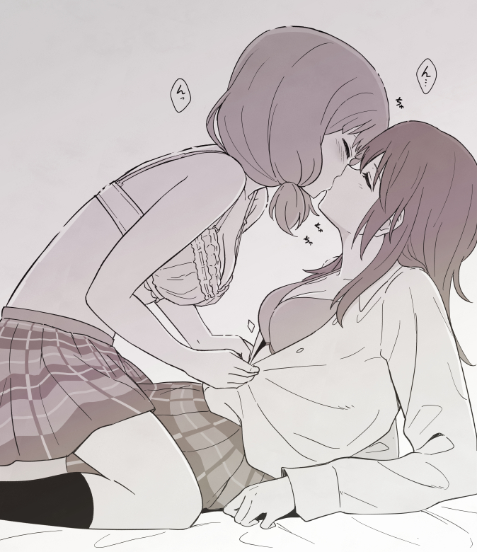 2girls bang_dream! bangs blush bra closed_eyes frilled_bra frills from_side greyscale haneoka_school_uniform kiss kneehighs long_hair long_sleeves low_twintails miniskirt monochrome multiple_girls no_shirt plaid plaid_skirt pleated_skirt reclining school_uniform shibasaki_shouji shirt skirt straddling twintails udagawa_tomoe uehara_himari unbuttoning underwear undressing yuri