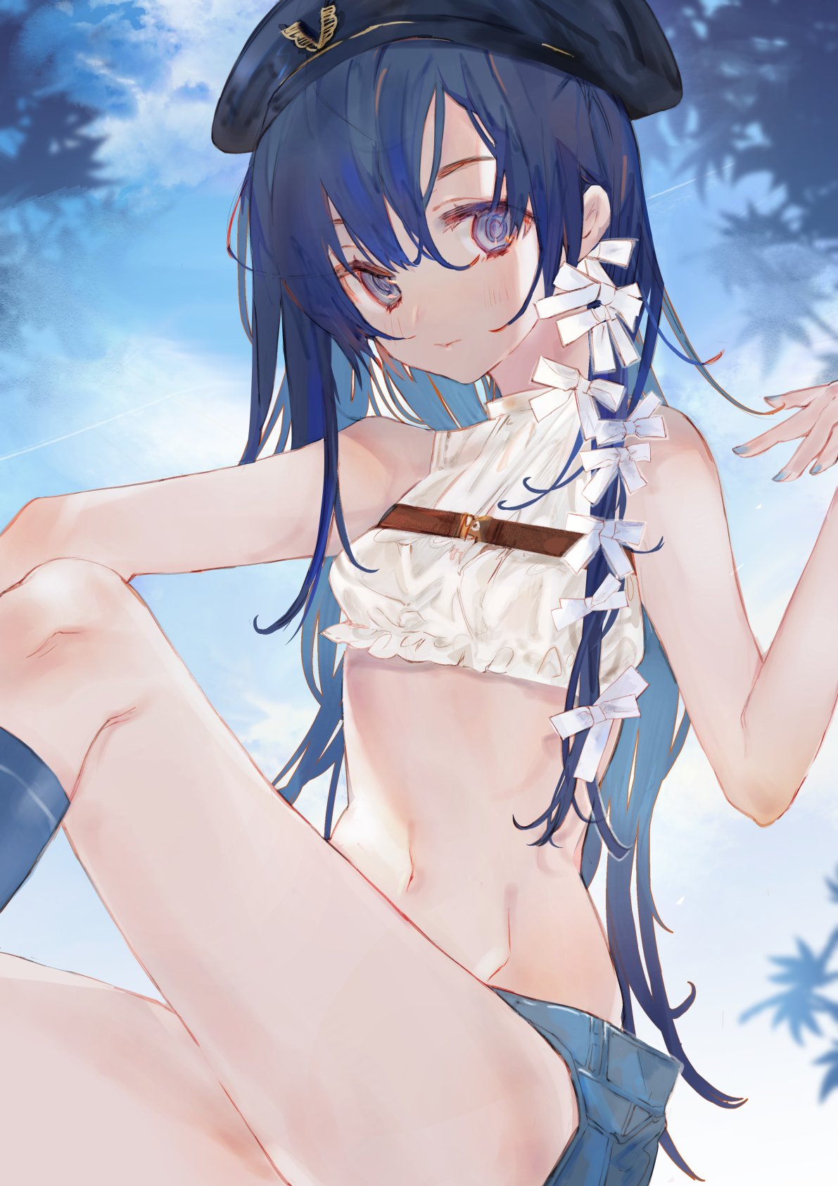 1girl bare_arms bare_shoulders beret blue_eyes blue_hair blue_legwear blue_shorts blue_sky clouds crop_top hat highres knee_up kneehighs long_hair looking_at_viewer midriff nail_polish navel original ribbon ringed_eyes shia_job shirt short_shorts shorts sidelocks sky sleeveless sleeveless_shirt solo thighs white_ribbon white_shirt